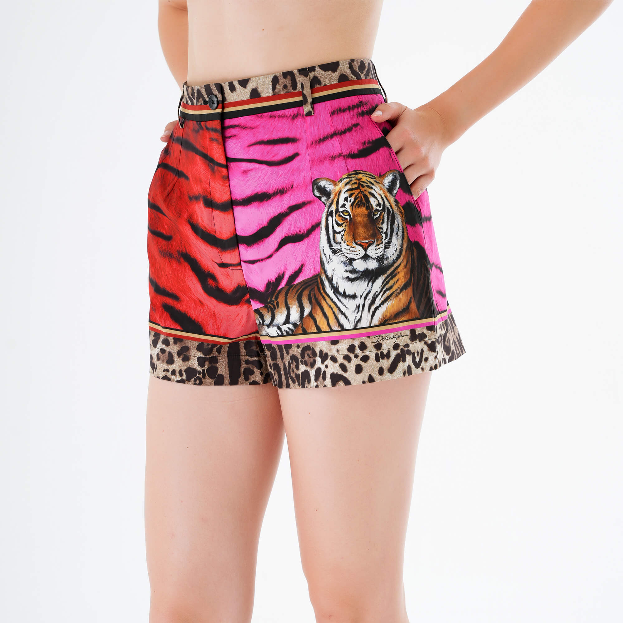 Dolce Gabbana - Red & Pink Tiger Print Cotton Shorts IT44